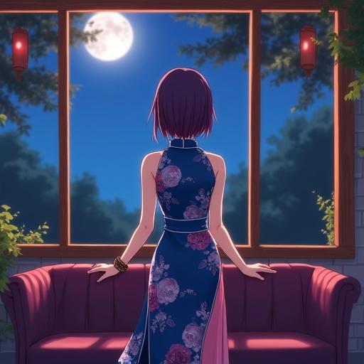 Woman standing looking back wearing blue cheongsam with floral patterns. Park setting at night with bright moon. Warm lighting from retro coffee shop. Short pink hair with white rose. Sitting on purple sofa. Intricate anime details.