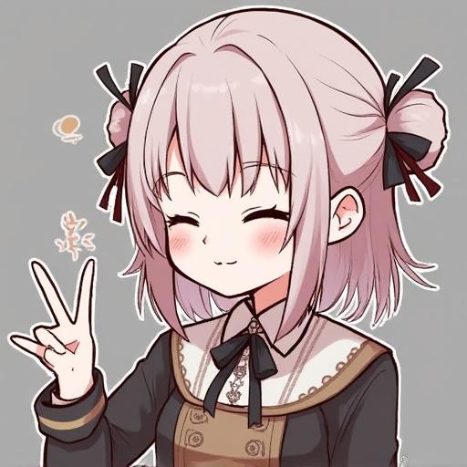 Japanese anime style fantasy character. Young girl with pink hair styled in two ponytails. She wears a black and green outfit with a decorative collar. Character is making a peace sign and smiling at the viewer.