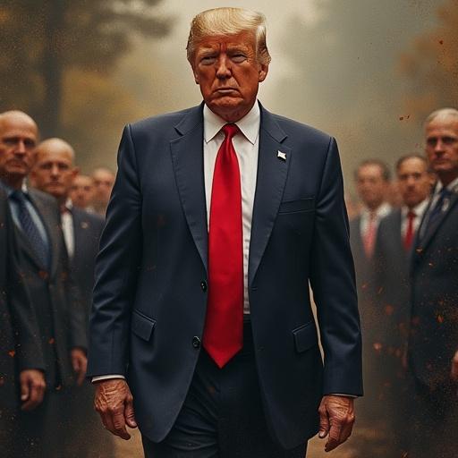 A political figure stands in the foreground, dressed in a dark suit and red tie. Behind are several people in suits, all sharing a serious demeanor. The atmosphere is tense and foggy, creating a dramatic visual impact.