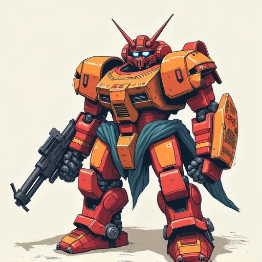 Illustration of a samurai-like foot soldier with a robotic design. Features a striking red mecha with detailed armor and a weapon. The design conveys strength and innovation in a futuristic scene.