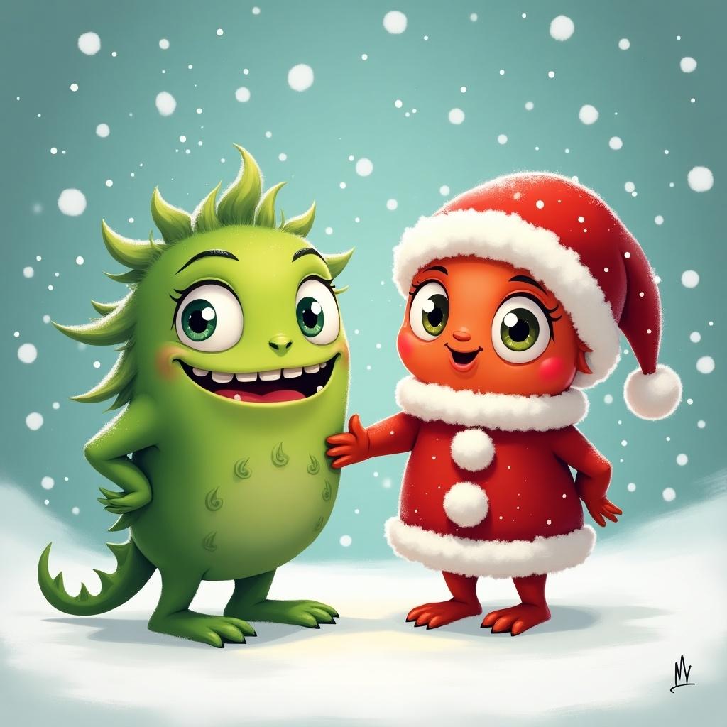 Cartoon characters in a playful holiday scene. A green creature and a festive red character in a Santa outfit. Snowflakes falling create joy.