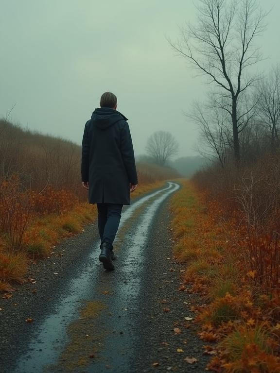 A lone figure walks on a winding path in autumn land. Surrounding vibrant yet muted colors under a grey sky. Fading light casts long shadows creating a depressive atmosphere.