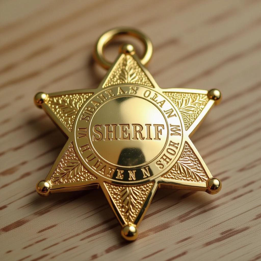 Shiny gold western sheriff badge. Star shape with embossed details. Close-up view of the badge's features.