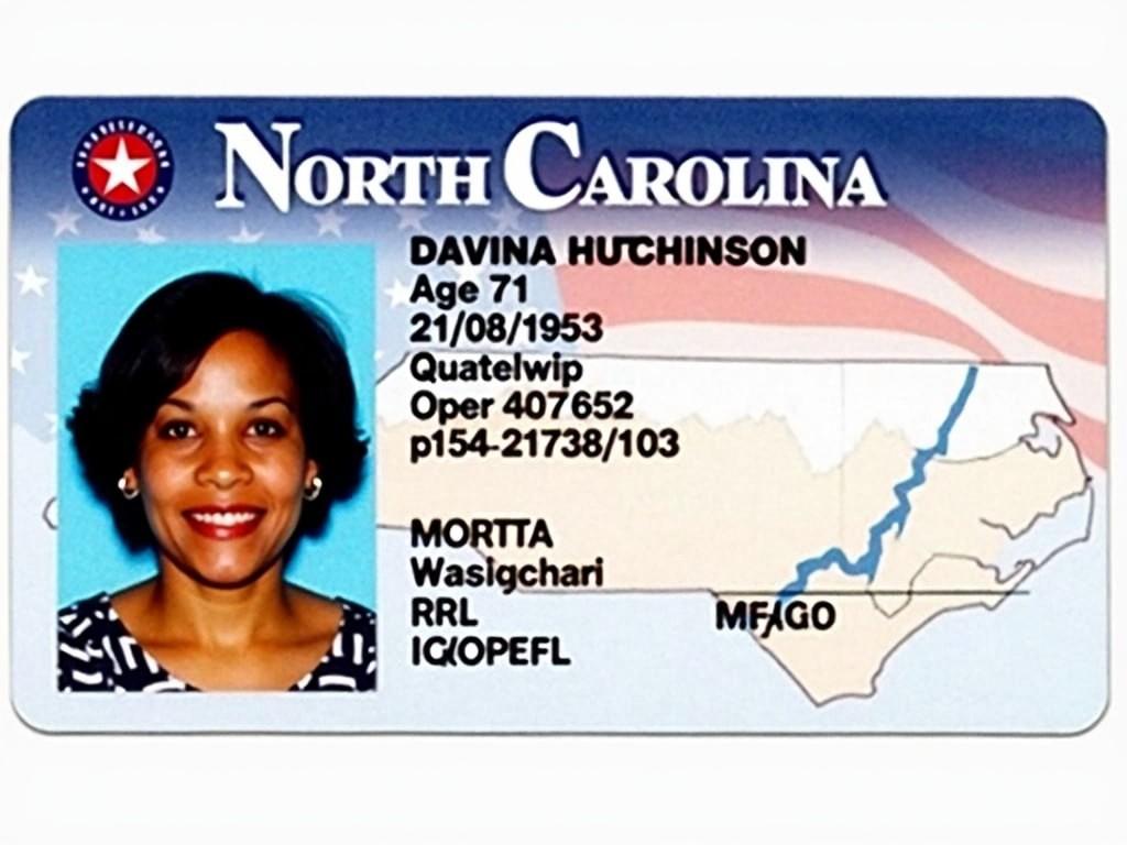 This image displays a North Carolina license card featuring personal information. It includes the name Davina Hutchinson, aged 71, with a date of birth of 21/08/1953. The background of the card shows a map of North Carolina, emphasizing the state's identity. The card is in a standard government design, utilizing shades of blue, white, and red, which enhance its official appearance. The clear headshot of the individual is positioned prominently, making the layout professional. Overall, this card serves functional purposes related to identity verification.