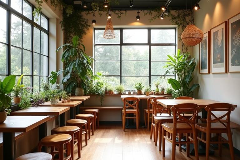 Interior view of a charming café. Large windows provide natural light. Walls adorned with greenery and decorative accents. Empty frames ready for posters. Wooden tables and chairs add modern touches. Cozy atmosphere perfect for relaxation or meetings.