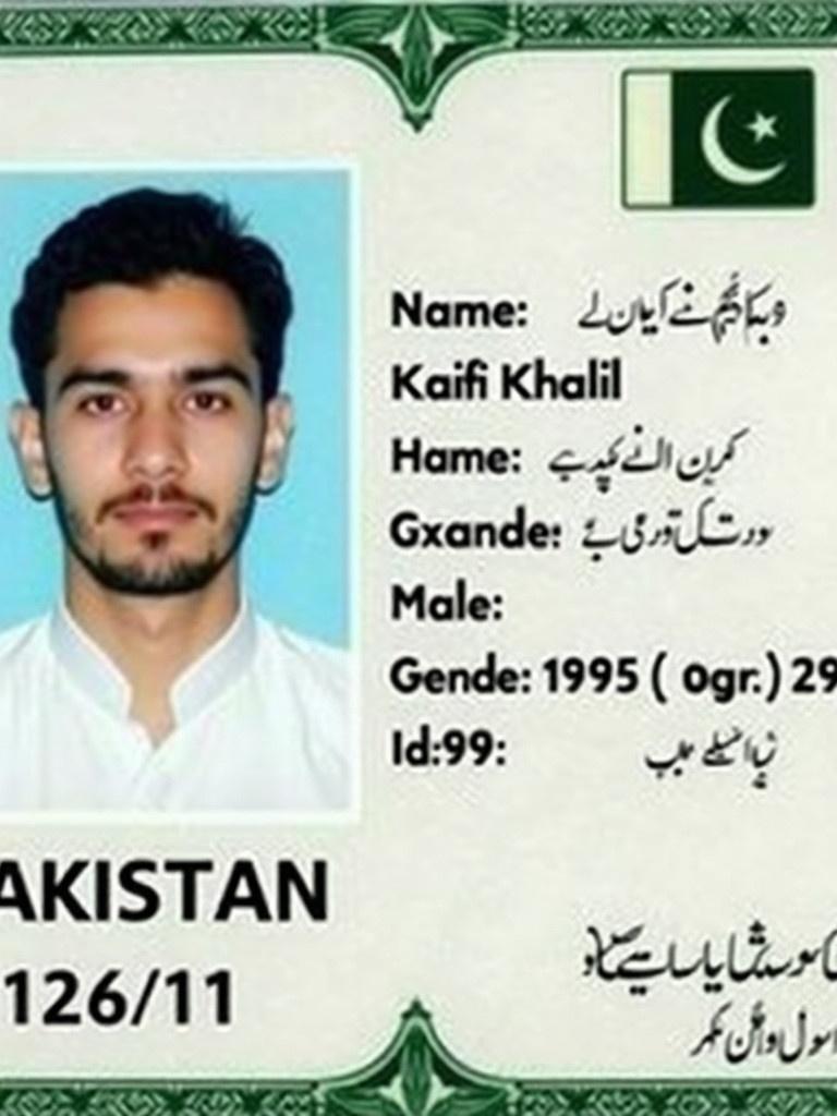 Image of a Pakistan identification card shows personal information. Card features a name, identification number, and includes a flag in the corner.