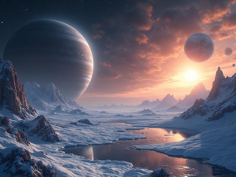 Photorealistic cosmic landscape showing imaginative yet scientifically believable alien planet. Massive gas giant rising on the horizon with swirling storms. Surrounding moons with craters and ice caps. Starfield populated with stellar bodies. Captures subtle atmospheric haze and realistic reflections on icy lakes. Stunning hyper-detailed cosmic world shot in ultra-high resolution.