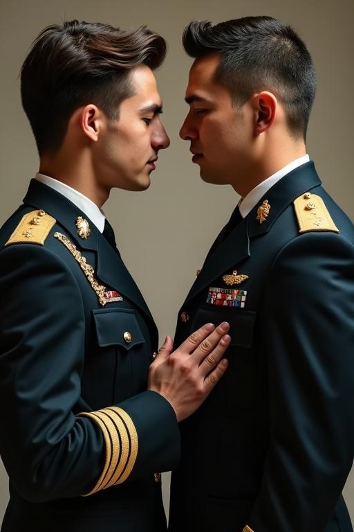 Two male soldiers in army ASU dress uniforms facing each other with chests pressed together. Uniforms display gold buttons and insignia. Warm lighting enhances emotional connection.