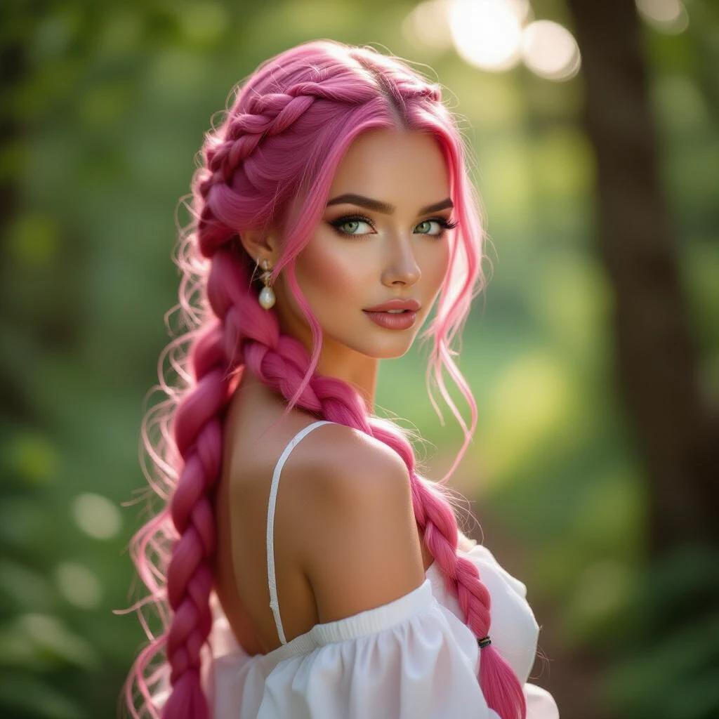Soft diffused light filters through the forest. A captivating figure features vibrant pink hair in intricate braids. Long hair cascades down the back. She wears a white garment showcasing her silhouette. The pose suggests confidence and grace while surrounded by a blurred green background. The scene evokes a serene and enchanting quality.