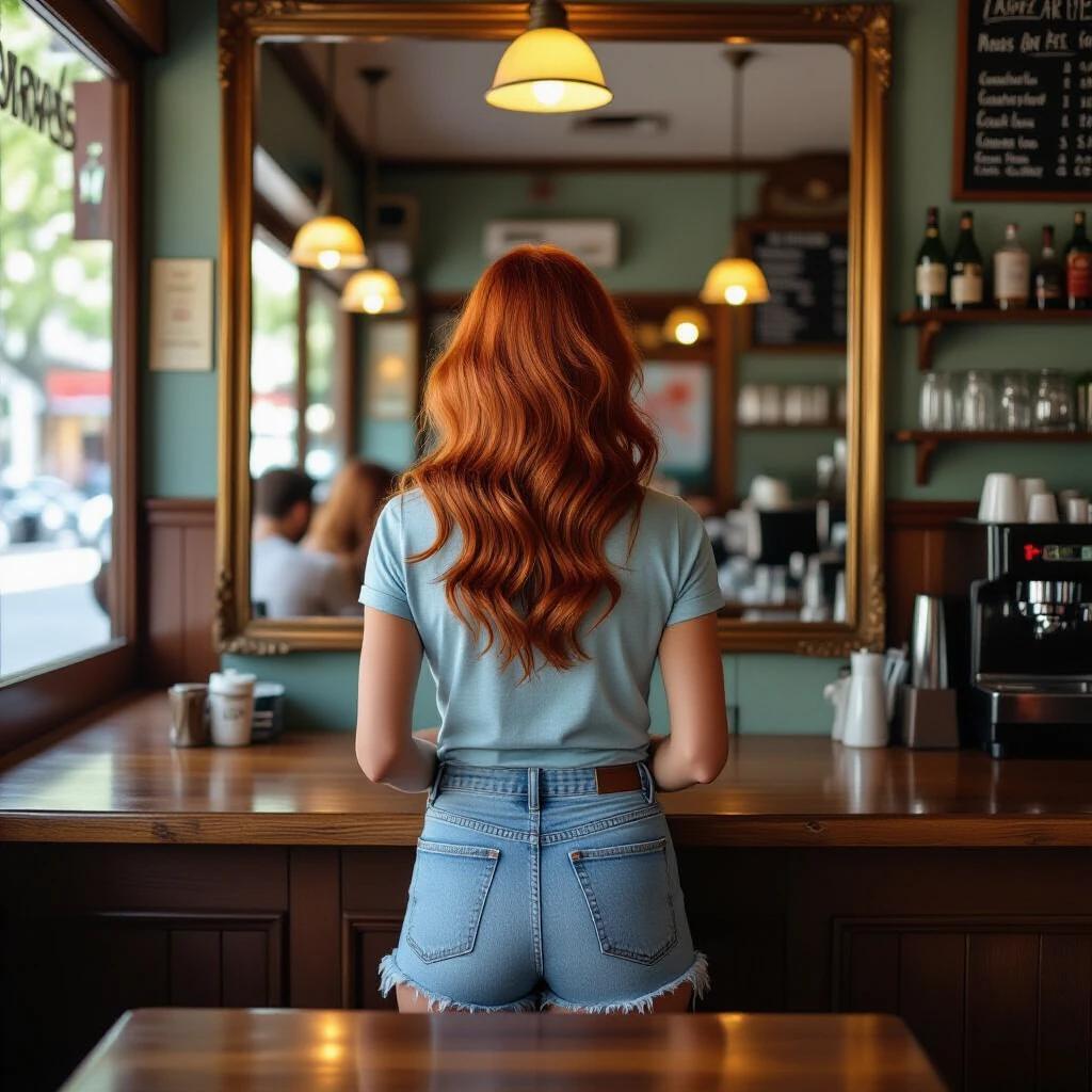 A young adult woman has red hair. She stands with her back to the camera in a bar or café. The setting is central Madrid. Warm lighting fills the classic interior. She wears a light blue t-shirt and denim shorts. Boots are brown, lace-up, and low-heeled. A large mirror is visible in the café's center.