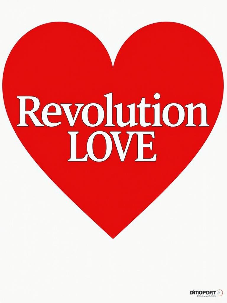 Modern poster design features large vibrant red heart. Inside heart, bold stylized typography spells 'Revolution' and mirrored letters form 'LOVE'. Clean design with strong contrast between heart and background. Creative readable typography fits theme of rebellion and passion.