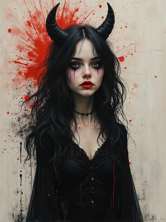 3D splashed mixed media painting features a gothic woman with dark hair and horns. Blood splatters create a dramatic background. The woman's expression is intense and captivating.