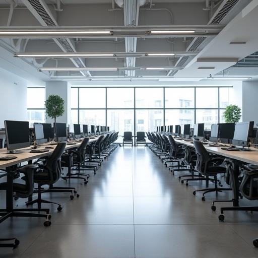 Image depicts an empty office with 15 desks and chairs equipped with laptops. Office space is modern and well-lit with ample windows.