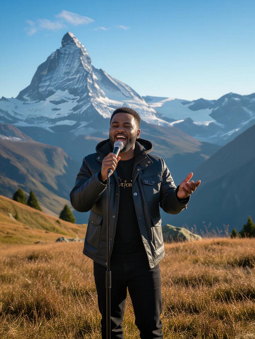 Gospel singer performing in the mountains with a microphone. The backdrop features a prominent mountain peak.