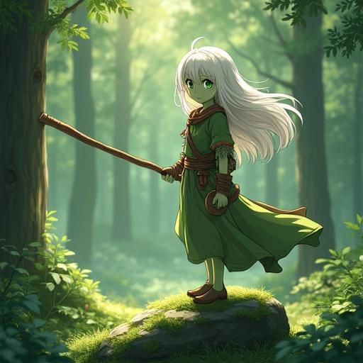 In a serene forest, anime girl with green skin stands on mossy rock. Long white hair flows as she grips a wooden staff. Calm expression shows readiness. Dress made of bark and moss. Sunlight filters through trees creating patterns on her and the surroundings.