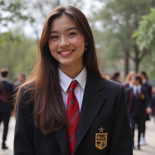 A female student stands in a school environment. She wears a black school uniform with a red tie and a school emblem. The background shows fellow students. Natural lighting illuminates the scene. The focus is on the student in the foreground.