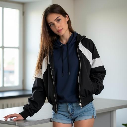 Young woman standing in a bright modern room. She has a shortcut hairstyle. Leaning on a desk in a casual and confident pose. Wearing a black and white jacket over a zipped navy hoodie. Hoodie is slightly unzipped to reveal a white waistband. Denim shorts are partially unbuttoned. Long straight brown hair is visible. Neutral facial expression with a slight smile. Natural light fills the room.