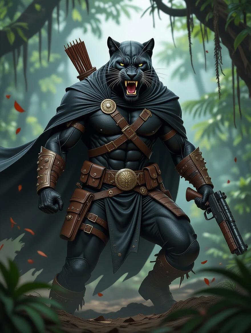 A realistic portrayal of an angry dark panther warrior in full leather clothing. The warrior has rivets and ornate elements. Equipped with a big gun and dark cape. Depicted in action within a jungle setting.
