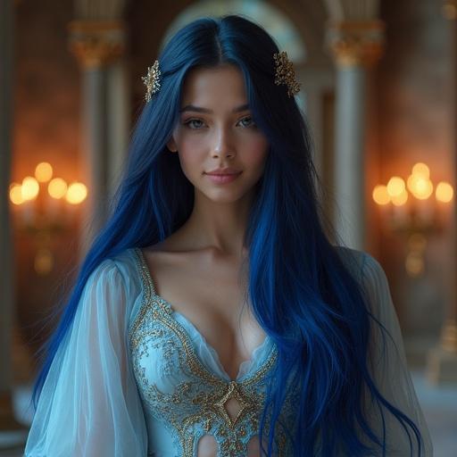 Female model with shimmering blue hair wears an elegant fantasy gown. The gown features translucent fabrics and ornate embroidery. The setting is a grand candlelit dining hall with arched windows. The woman has a gentle smile and delicate features. Flowing layers of sheer fabric create an ethereal look. The atmosphere is soft and magical.