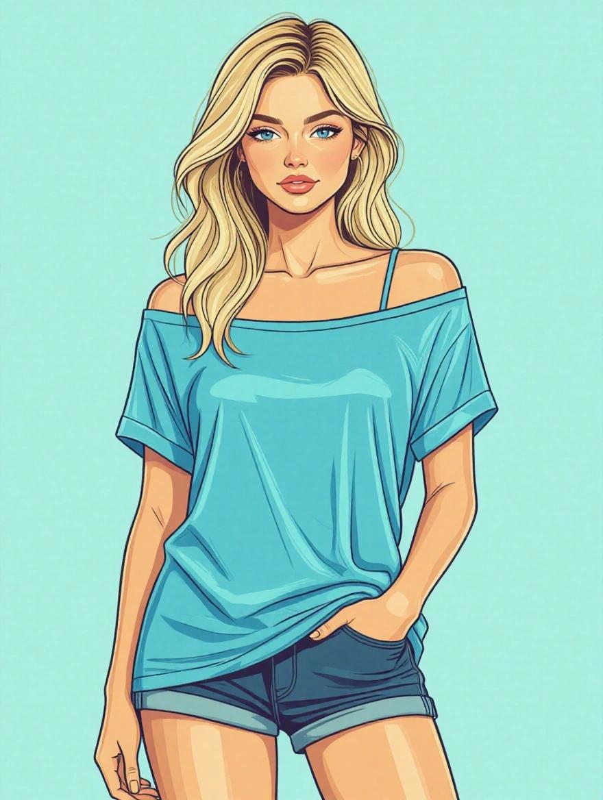 Stylized illustration depicting an androgynous character. Features include slender build, blonde straight hair, wearing a blue loose off-shoulder t-shirt and boyshorts. Background showcases a soft pastel tone. Character expresses confidence.