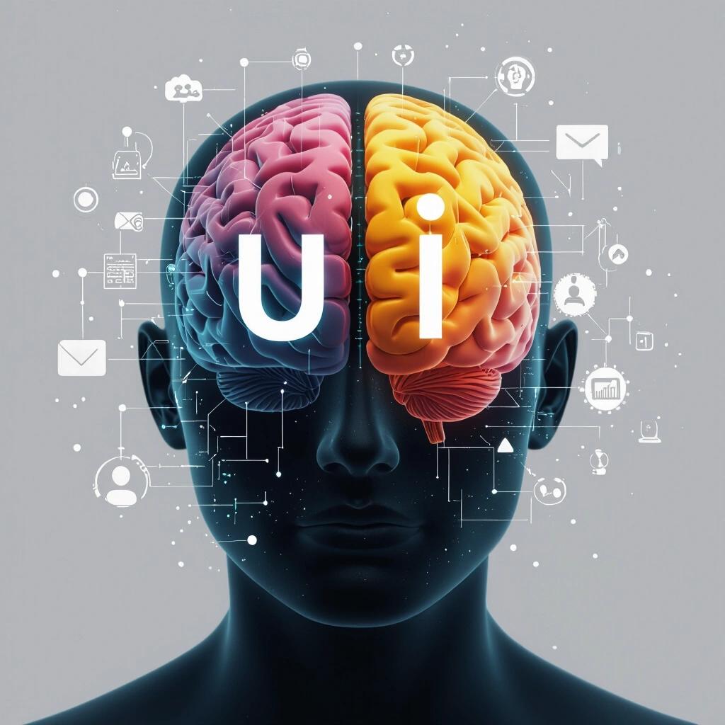 Create an image of a front-facing human head with one half as a brain and the other half showcasing UI elements. Incorporate digital icons and connections related to user interface design.