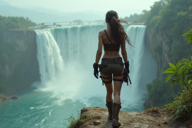 Character on cliff edge overlooking massive waterfall. Wearing tactical shorts and crop top. Hair flowing in the wind. Mist rising from lake below. Sense of danger and choice.