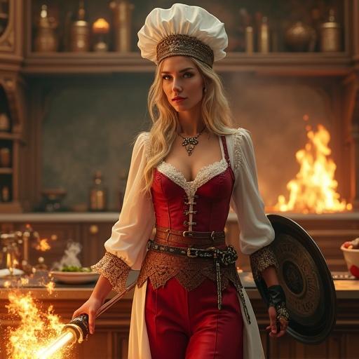 Dignified seductive mature woman in an elegant battle chef outfit. Fitted chef’s coat with sheer sleeves and corset bodice. High-slit crimson apron and lace-lined leggings. Belt with glowing cooking tools. Wielding glowing mop sword and frying pan shield. Tattered chef’s hat with protective spells. Calm and confident expression. Magical fire and floating ingredients in an enchanted kitchen. Ultra-detailed fantasy realism.