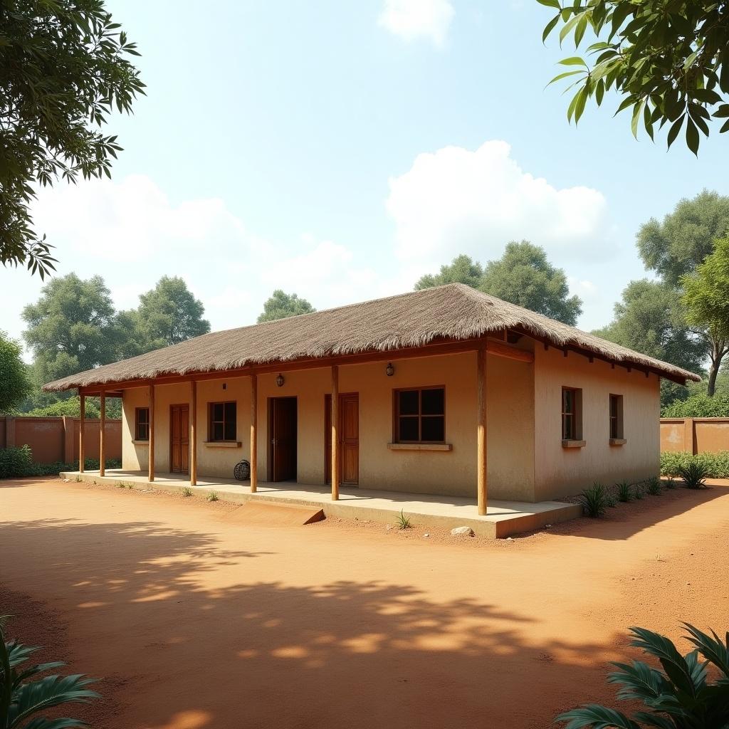 Design a single-storey courtyard school in a rural area with a monopitched roof. Use wooden double doors and louvre windows. Include columns supporting the roof and a playground area on the left.