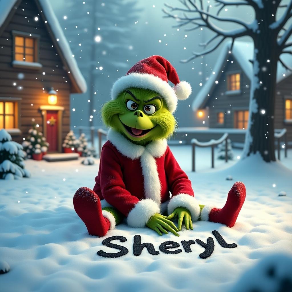 In a snowy landscape, the Grinch sits on the ground in a red and white Christmas outfit. He is happily writing the name 'Sheryl' in the freshly fallen snow. Delicate snowflakes are cascading around, enhancing the cheerful winter scene. Cozy cottages with warm lights surround him.