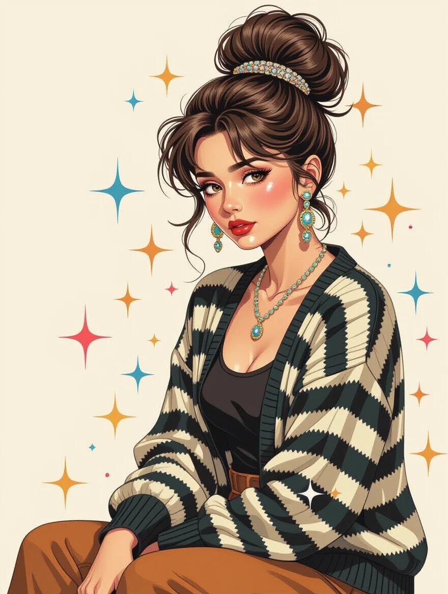 Portrait of a woman with bejeweled bun hairstyle. She is wearing brown pants and a black and white striped cardigan. The style is inspired by 80's European ink painting. The background features shiny sparkles and a semi-abstract grunge ambiance. Emotionally evokes a sense of sadness yet magic with detailed brushstrokes.