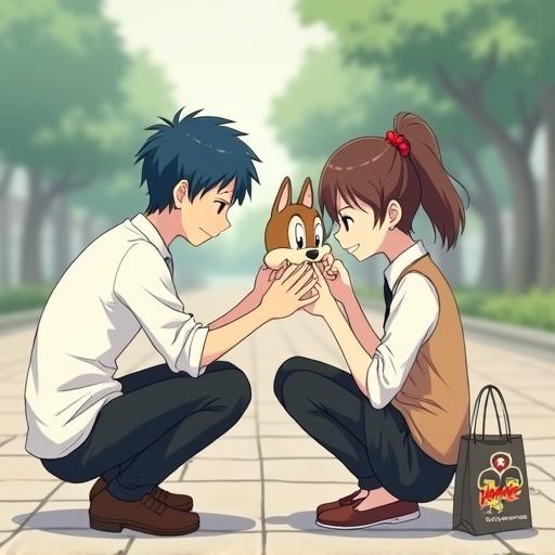 Two anime-style high school students sitting outside on a paved area interacting with a plush toy. The boy has blue hair and is wearing a white shirt with black pants. The girl has brown hair in a ponytail with a red ribbon, wearing a brown sweater vest and a black skirt. They are both squatting and smiling at each other. A shopping bag is resting on her lap. The scene has a soft and nostalgic feel, with a calm color palette.