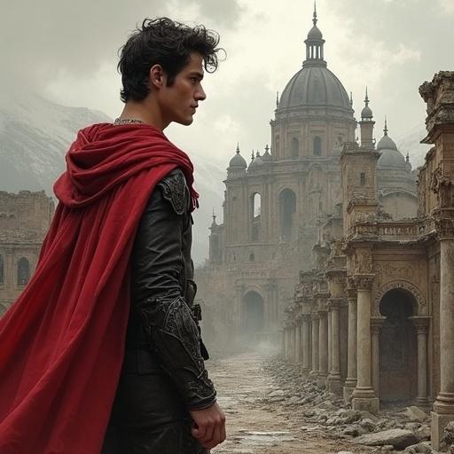 Dibujos de un hombre joven con una capa roja en una ciudad en ruinas. Hombre joven observa hacia otro. Deseo evidente entre ellos.