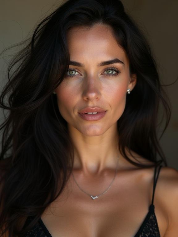 Portrait of a beautiful woman with long dark hair and captivating eyes. She has a radiant smile and wears simple jewelry. The background features soft colors and natural lighting enhances her features.