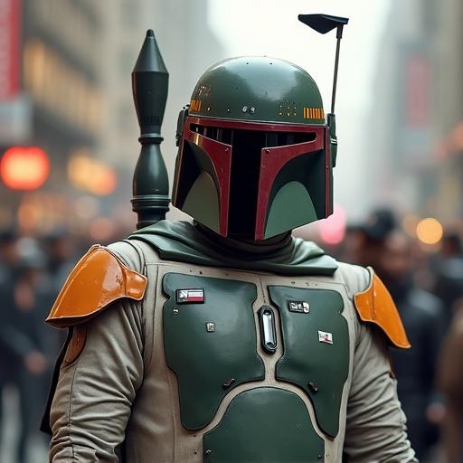 Boba Fett character from Star Wars franchise in full armor standing in an urban environment