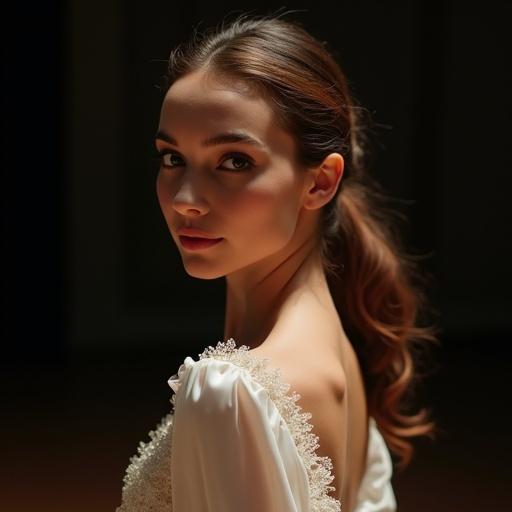 Portrait of a dancer named Aria-R. She has chestnut brown hair styled in a ponytail. Dressed in a pearl white blouse. Preparing for a big performance. Remembers support from her past. Moments of triumph against adversity. Stepping onto the dark stage with gratitude.
