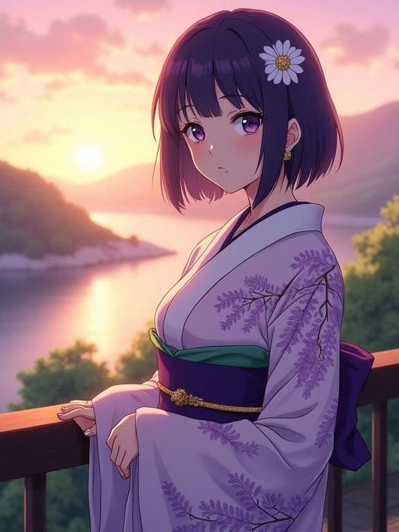 A portrait shot in anime style of a woman with dark violet hair in a bob cut. She has dark violet eyes and wears a wisteria-colored kimono with floral patterns. A white collar and dark purple obi sash are present. The background shows Amanohashidate at sunset, with warm golden light illuminating the scene.