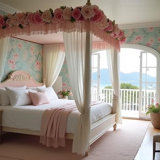 Light pink and white four poster canopy bed with pink roses around the top. Light pink and white rose print wallpaper. Light aqua accents. French doors lead to a veranda overlooking the beach with lots of flowers and mountains.