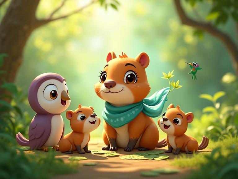 A small adorable capybara teaches young jungle animals how to build leaf wings. They are in a sunny clearing. Capybara has soft golden-brown fur and wears a light teal scarf. Young animals are laughing and wearing leafy creations. An owl and a hummingbird watch from a branch. The scene is joyful and hopeful.