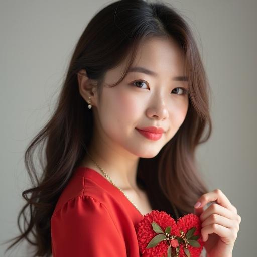 Portrait of a Korean woman with a warm, inviting expression and elegant styling. She is wearing a red dress and holding a decorative item. Soft lighting complements her features.