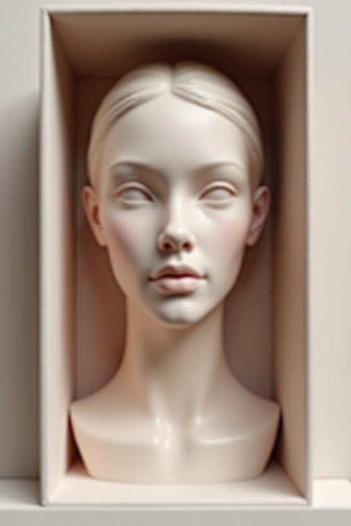 Realistic female head is in a soft and neutral-toned box. Box is styled elegant and modern. Soft lighting enhances the features. Focus is on the head and box design.