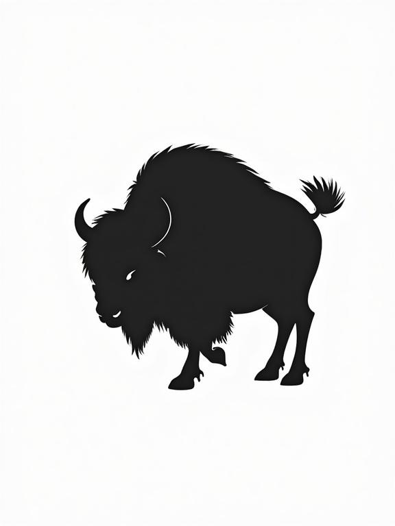 Logo design featuring a bison in simple minimalist style. Black silhouette on white background. Energetic and dynamic illustration. Influenced by artists Yoji Shinkawa and Dominik Mayer.