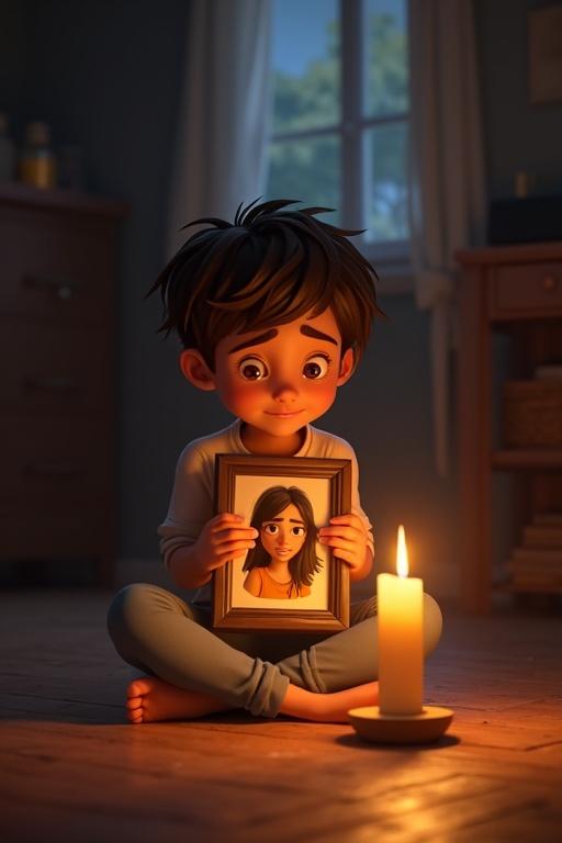 Highly stylized cartoon scene in Pixar-style 3D animated universe. Léo is 17 years old with olive skin, tousled brown hair, gentle features. He clutches mother's photo frame, tears falling. Sits cross-legged on wooden floor, surrounded by shadows retreating in candlelight. Candlelight wraps him in golden glow. His face reflects peace and connection. His mother's voice echoes faintly. Room feels sanctified with maternal presence. Emotional visual poetry, balance of grief and hope, hyper-real in 8K.