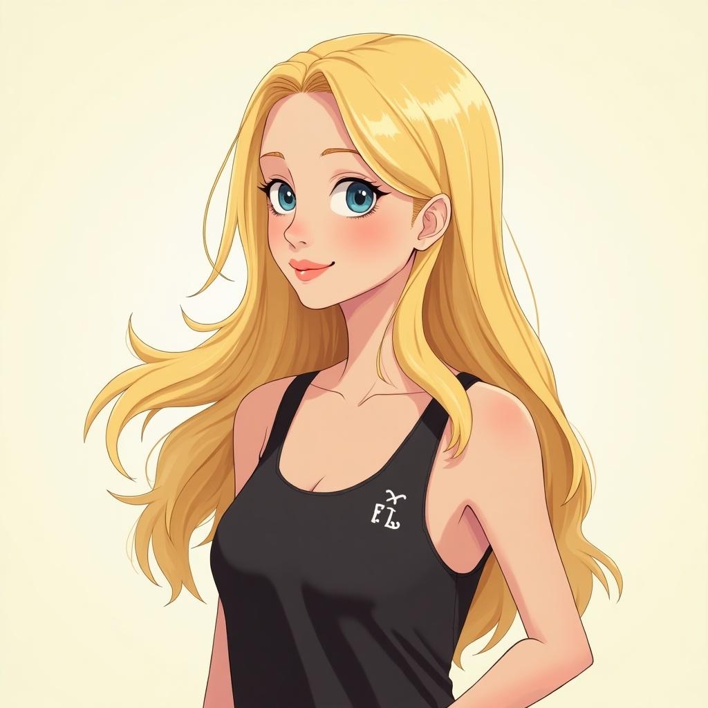 Illustration of a female character with long blonde hair. Character wears a black tank top. Background is light and pastel.