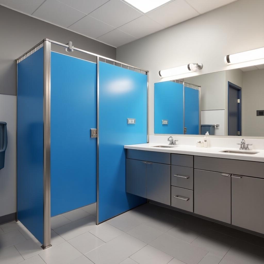 This image showcases a well-designed commercial bathroom focused on functionality and modern aesthetics. It features a bright blue toilet stall and a privacy screen for a urinal, promoting user comfort and privacy. The two stainless steel sinks with silverite countertops provide a sleek look. The walls are a mix of gray and white, complementing the bright elements of the stall. Stone julep flooring adds a practical yet stylish touch to the space. Simple and effective overhead lighting brightens the area, enhancing visibility and cleanliness. This bathroom design is ideal for commercial settings looking to optimize space while maintaining a modern appearance.