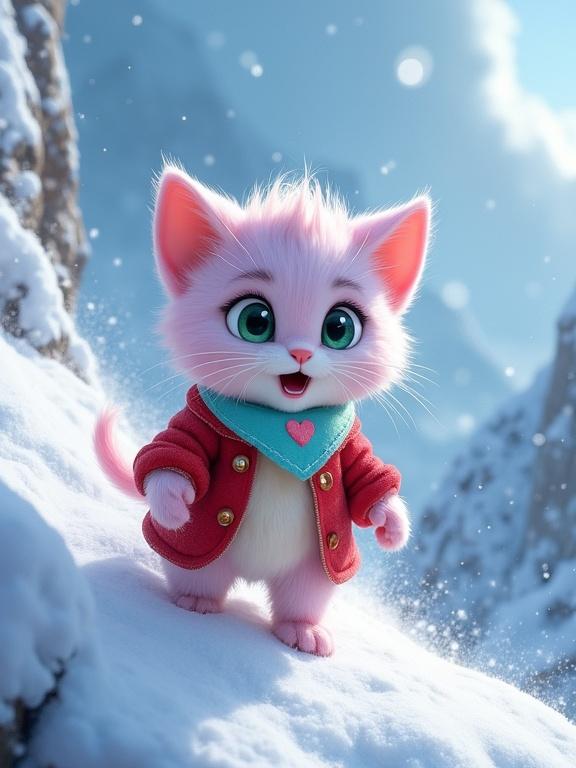 Fluffy anthropomorphic kitten with pink and lavender fur stands on a snowy mountain trail. The kitten wears a luxurious red outfit and a light blue bandana. Snow swirls around in a blizzard setting.