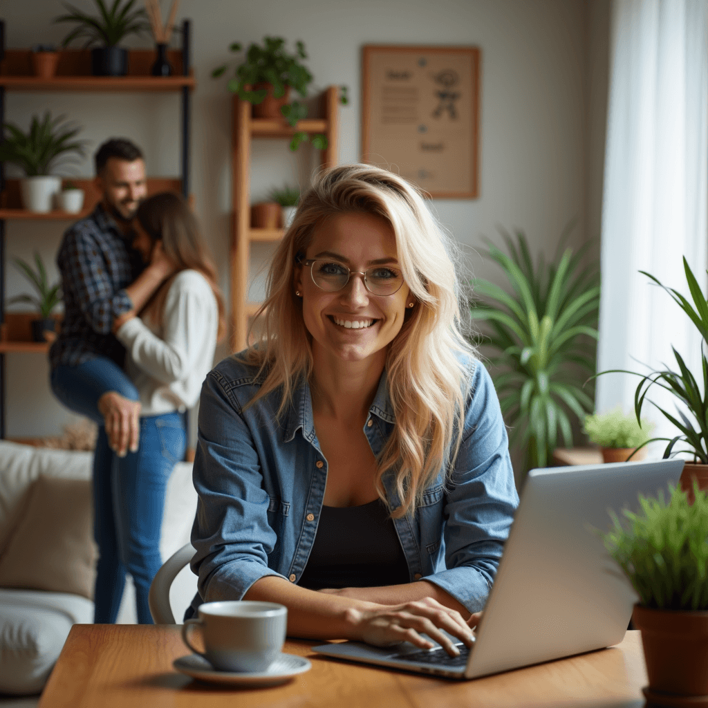 A smiling woman works on a laptop at a cozy home office, with a couple warmly embracing in the background.