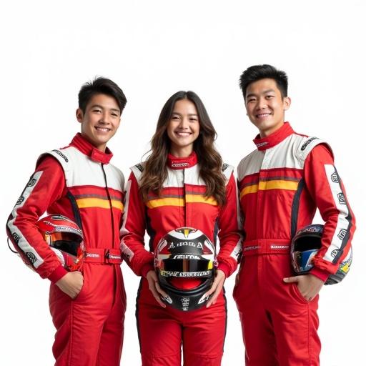 High-resolution photograph of three young karting drivers smiling proudly. A woman in the center with two men on either side. All wearing colorful professional racing suits without logos. They have just won a race, posing confidently. Background is pure white with bright, even lighting.