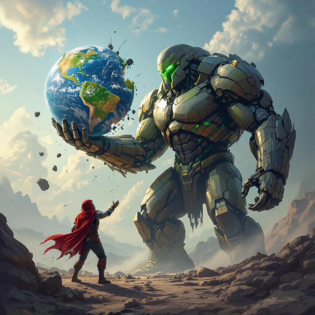 A giant titan clutching a broken planet with a small figure standing in awe in a dramatic landscape. High fantasy and science fiction elements. Explore themes of environmental impact and heroism.