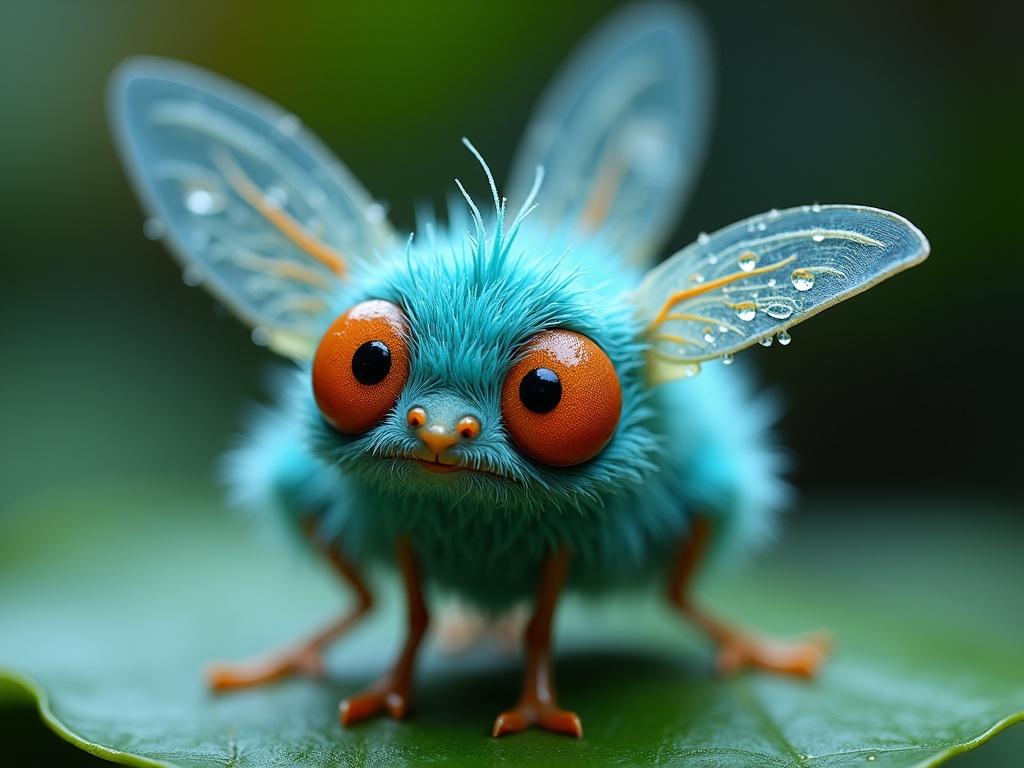 Detailed description of a blue-green creature with shaggy texture and large orange eyes. Transparent wings with droplets on top of a green leaf.