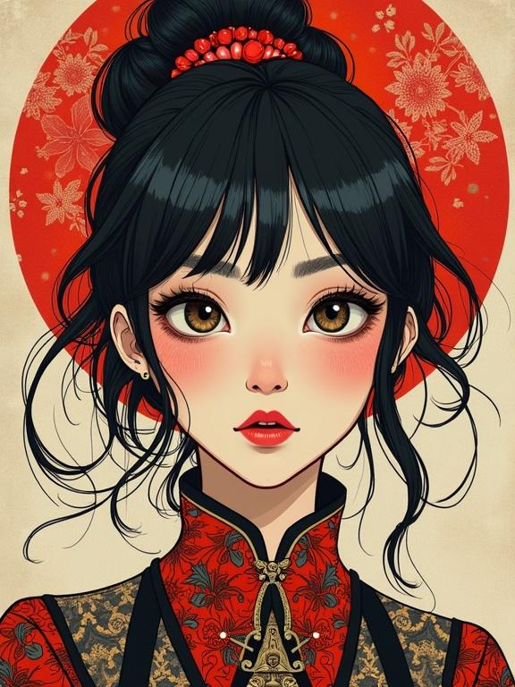 Detailed illustration of a woman with traditional attire featuring red and gold colors. The character has distinct facial features, expressive eyes, and soft hair. Background includes floral and circular patterns. Style inspired by contemporary art.